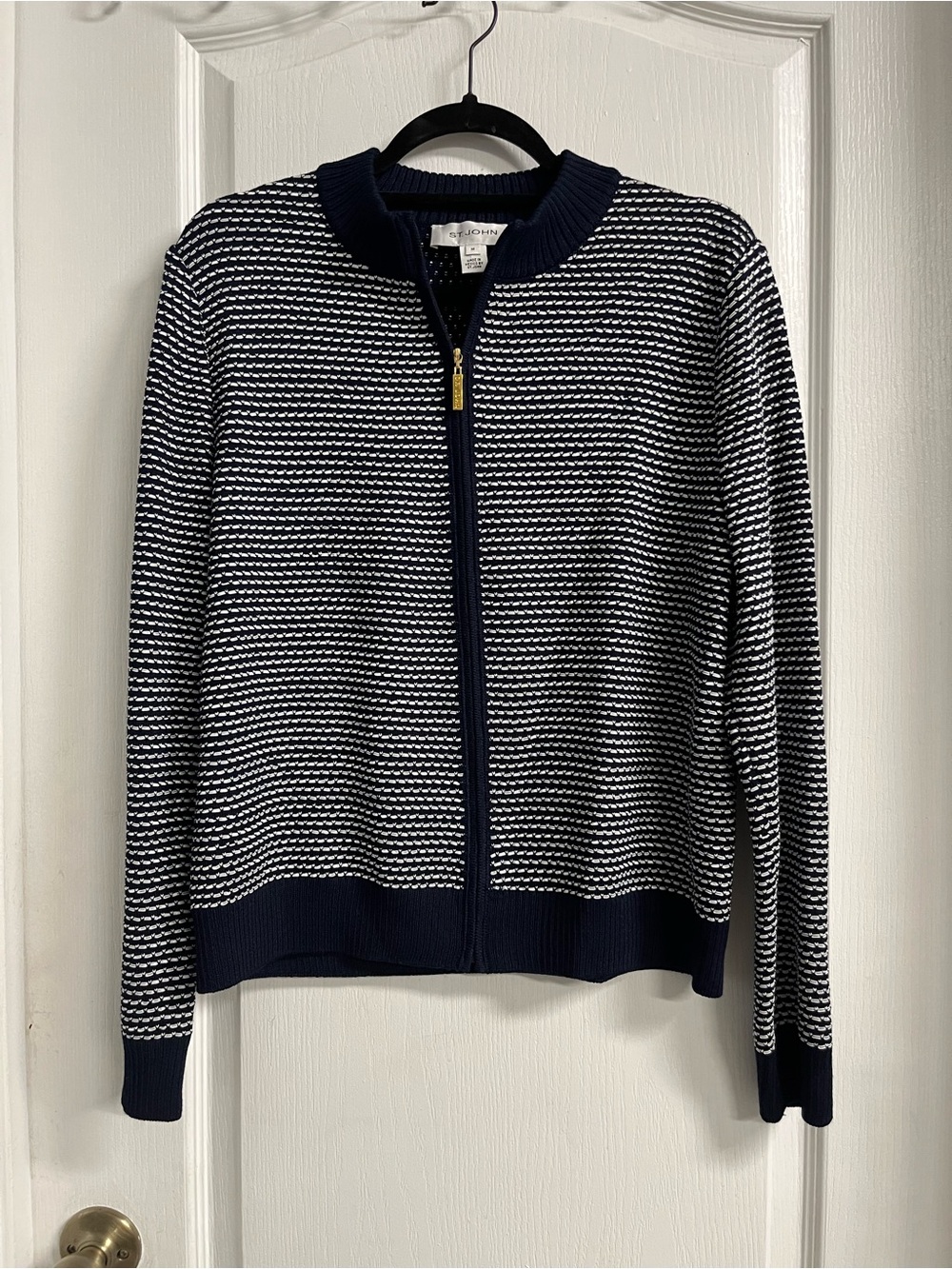 St. John Navy and White Zip-Front Knit Cardigan